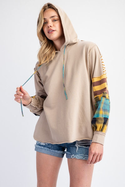 Plaid Mix Hoodie in Khaki