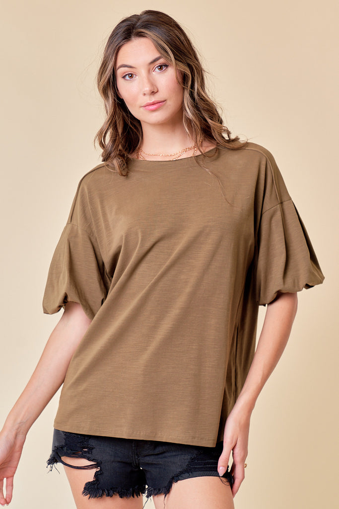 Bubble sleeve Knit Top in Olive