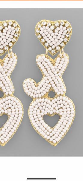 Beaded XO Earrings in White/Gold